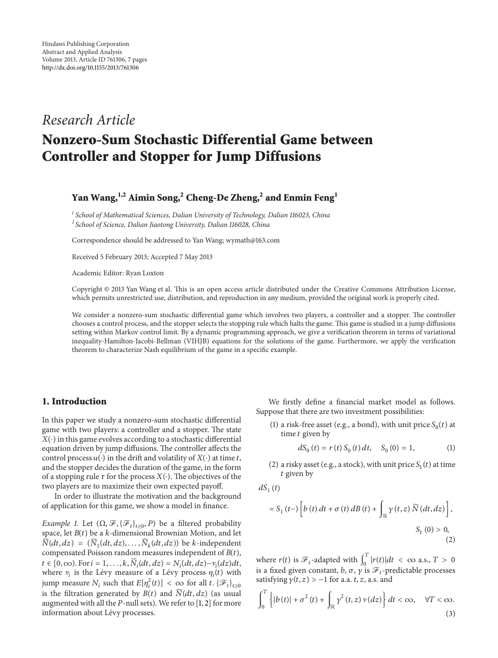 Nonzero Sum Stochastic Differential Game Between Controller And Stopper For Jump Diffusions Topic Of Research Paper In Mathematics Download Scholarly Article Pdf And Read For Free On Cyberleninka Open Science Hub