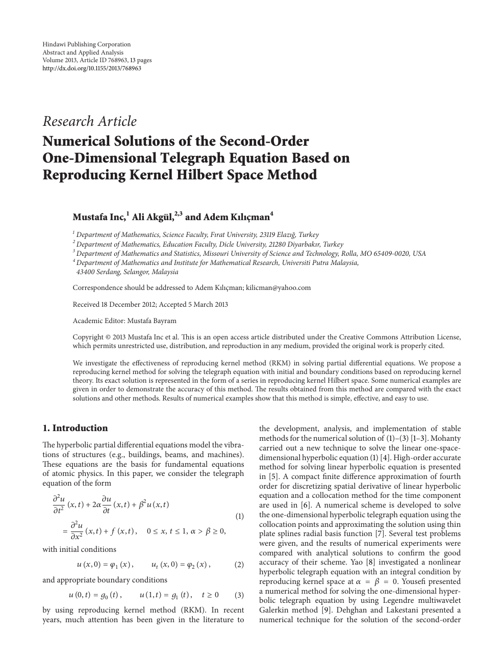 Numerical Solutions Of The Second Order One Dimensional Telegraph Equation Based On Reproducing Kernel Hilbert Space Method Topic Of Research Paper In Mathematics Download Scholarly Article Pdf And Read For Free On Cyberleninka