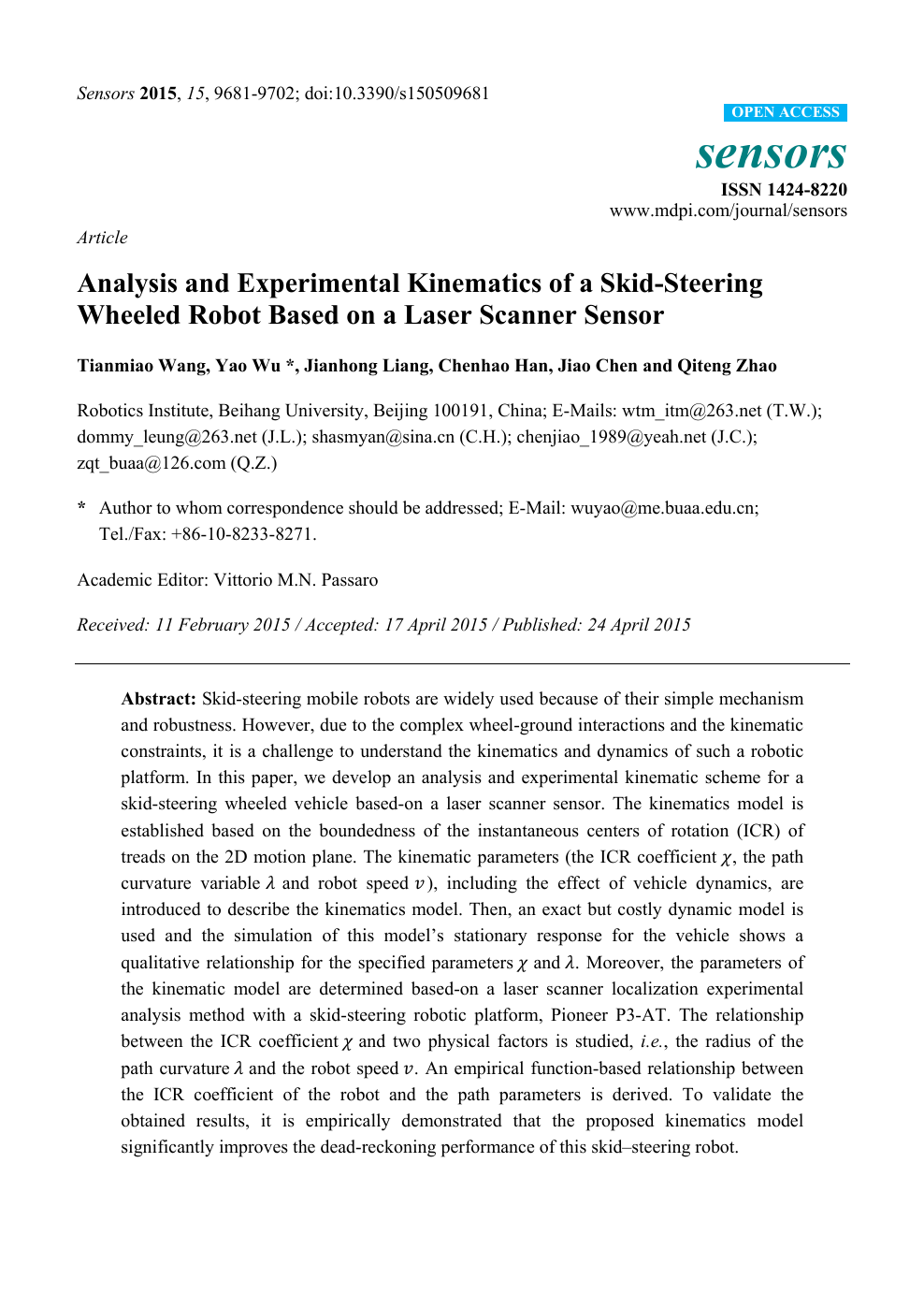 Analysis And Experimental Kinematics Of A Skid Steering Wheeled Robot Based On A Laser Scanner Sensor Topic Of Research Paper In Mechanical Engineering Download Scholarly Article Pdf And Read For Free On