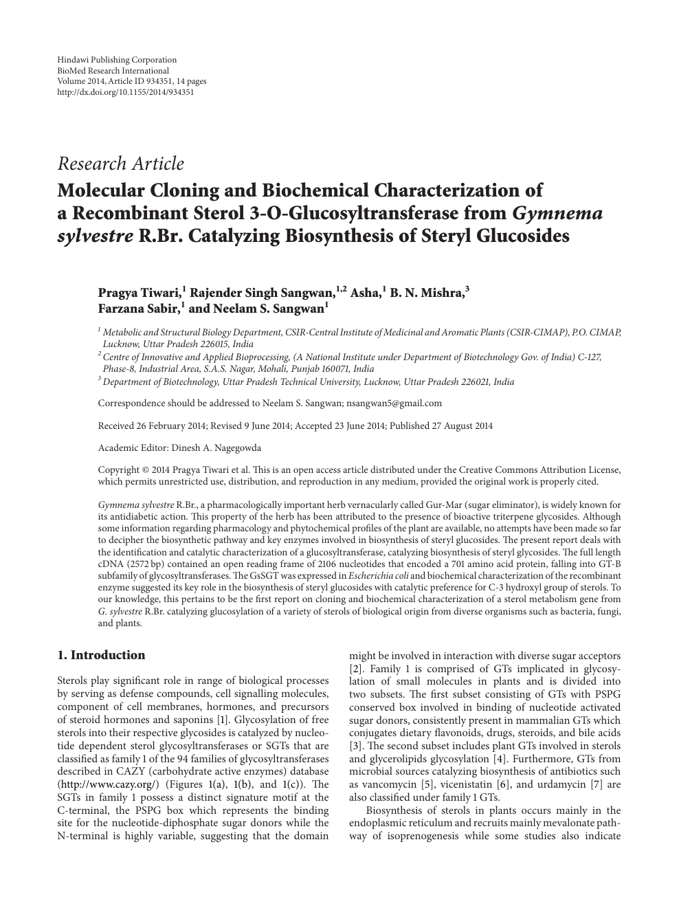 Molecular Cloning And Biochemical Characterization Of A Recombinant Sterol 3 O Glucosyltransferase From Gymnema Sylvestre R Br Catalyzing Biosynthesis Of Steryl Glucosides Topic Of Research Paper In Biological Sciences Download Scholarly Article