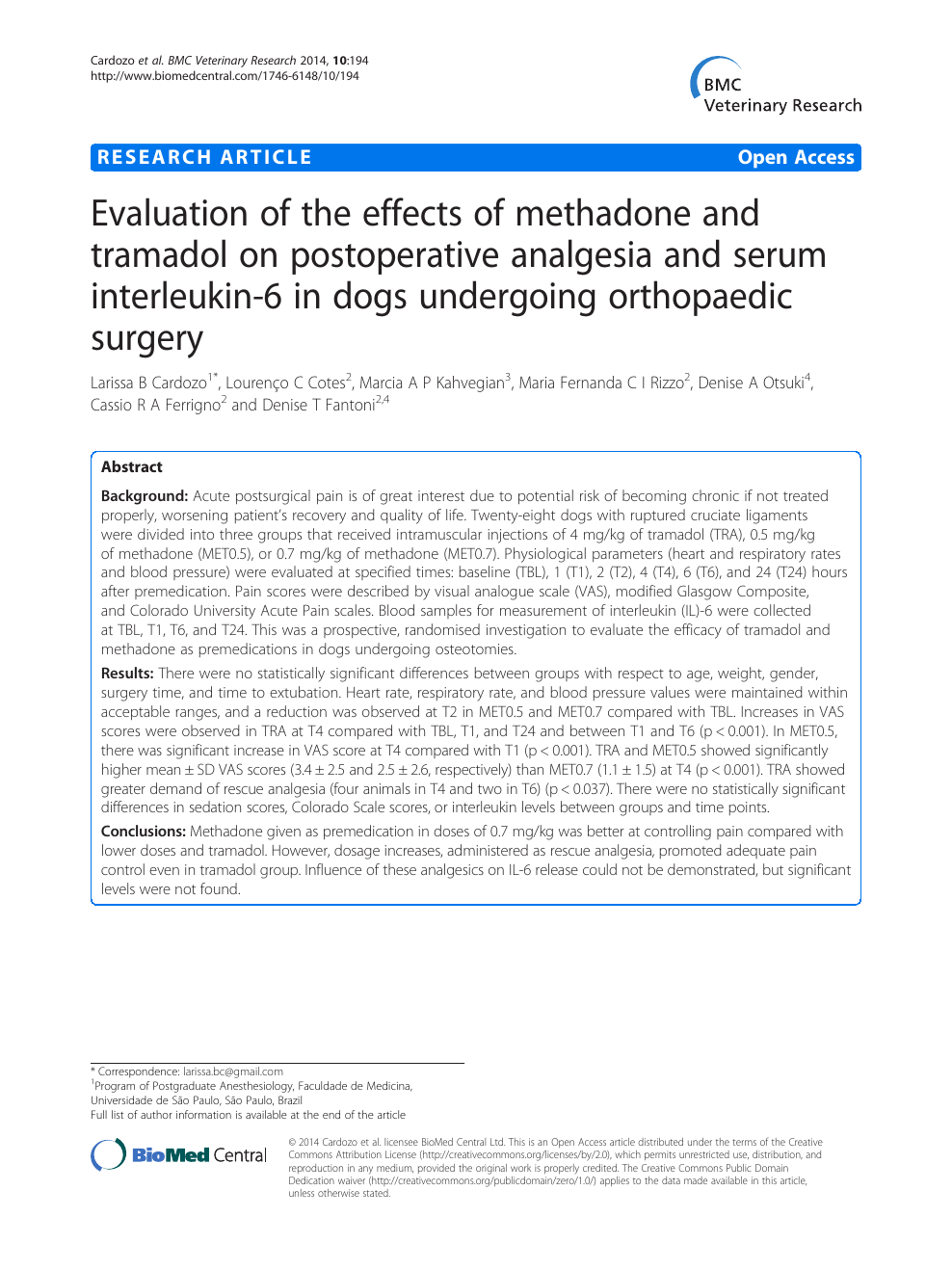 Evaluation Of The Effects Of Methadone And Tramadol On Postoperative Analgesia And Serum Interleukin 6 In Dogs Undergoing Orthopaedic Surgery Topic Of Research Paper In Veterinary Science Download Scholarly Article Pdf And