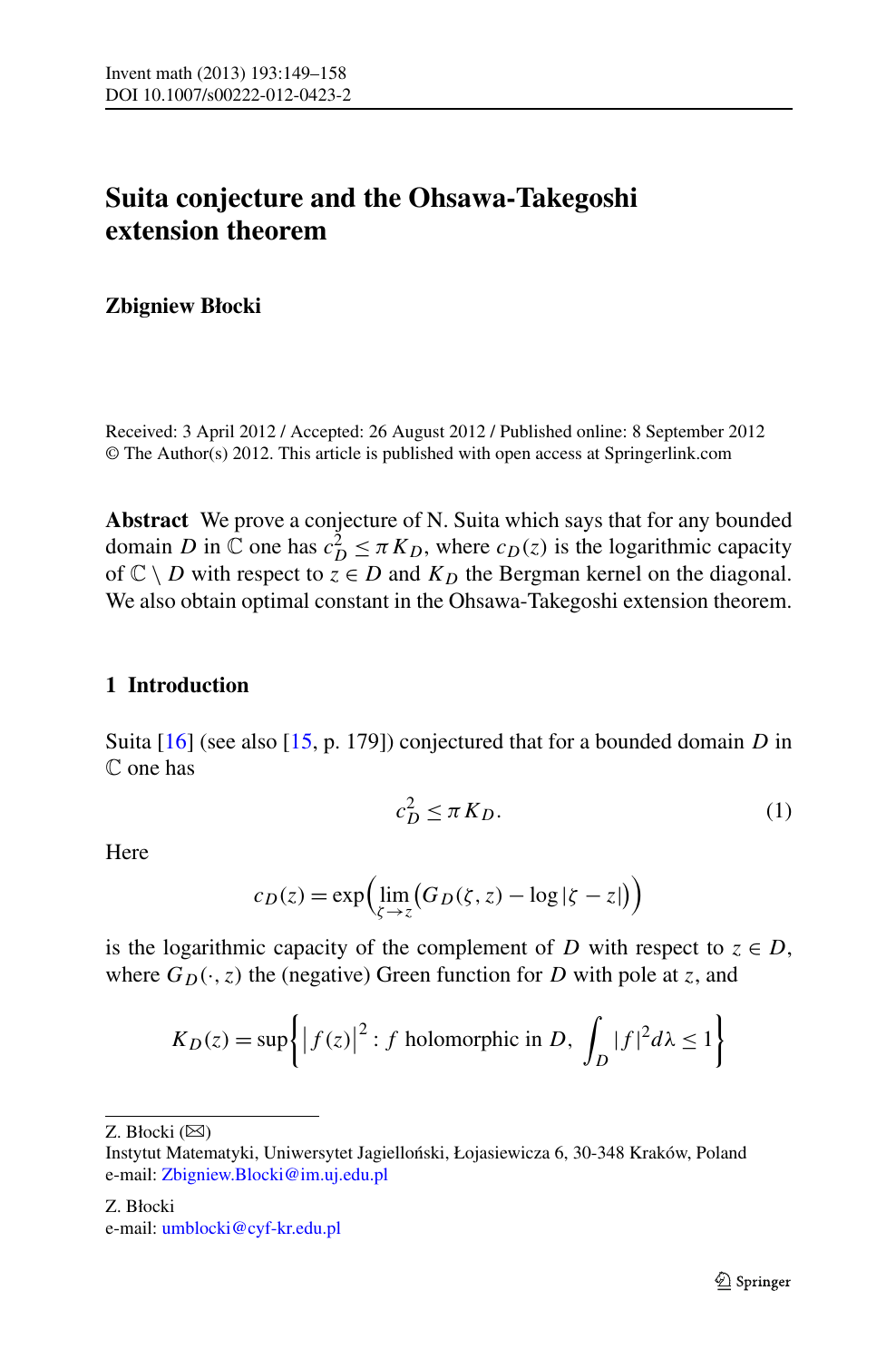 Suita Conjecture And The Ohsawa Takegoshi Extension Theorem Topic Of Research Paper In Mathematics Download Scholarly Article Pdf And Read For Free On Cyberleninka Open Science Hub
