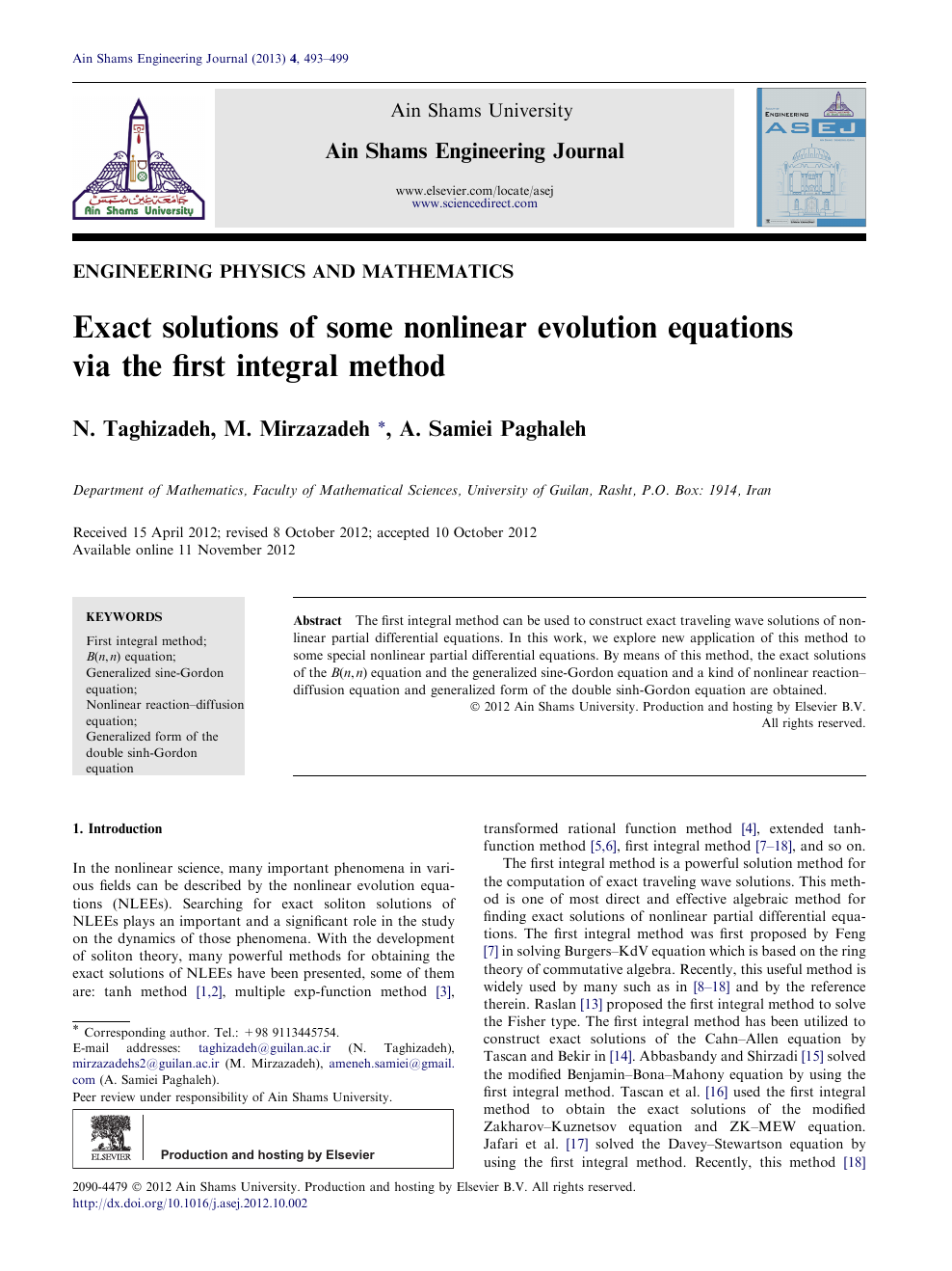 Exact Solutions Of Some Nonlinear Evolution Equations Via The First Integral Method Topic Of Research Paper In Mathematics Download Scholarly Article Pdf And Read For Free On Cyberleninka Open Science Hub