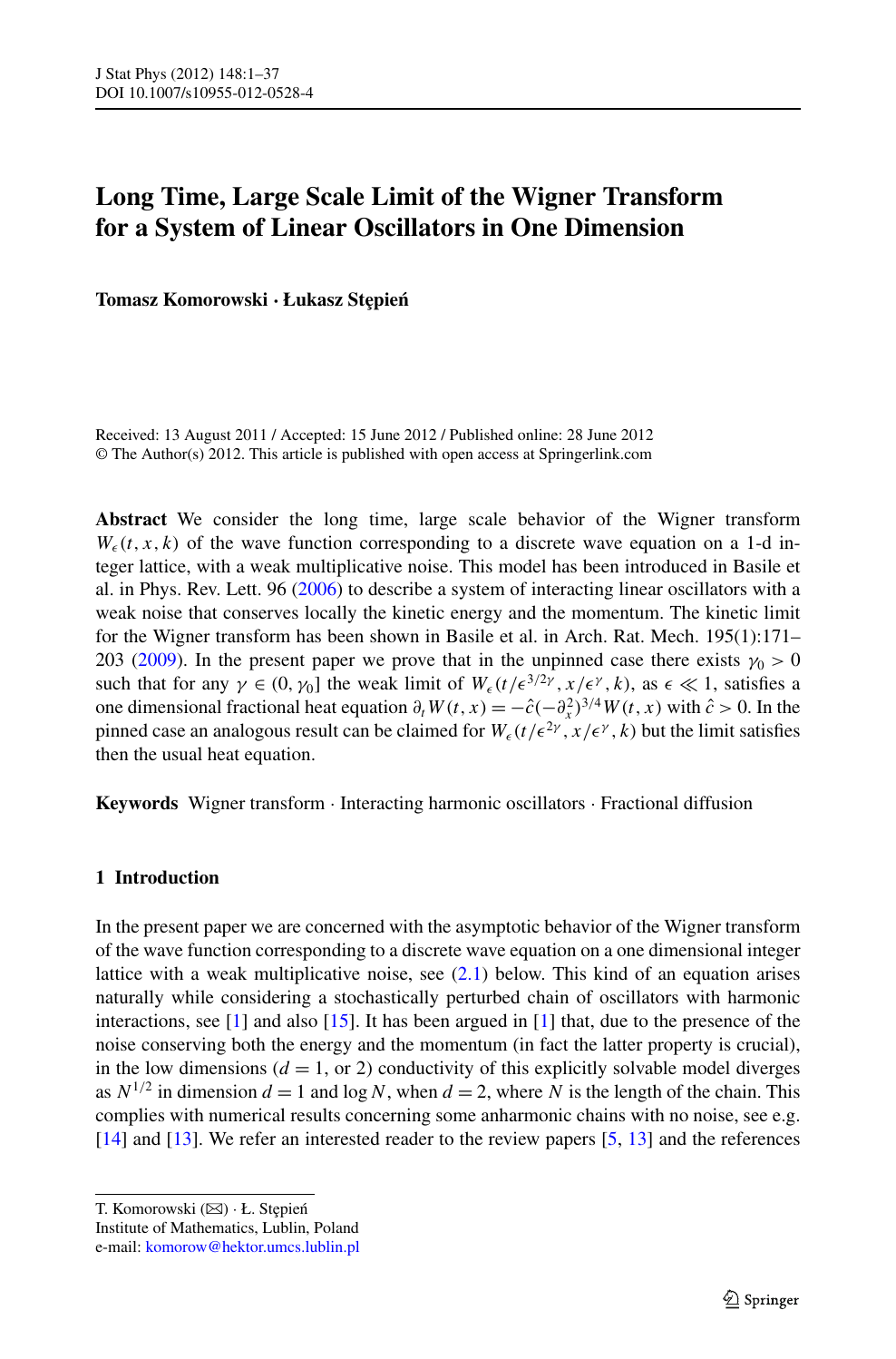 Long Time Large Scale Limit Of The Wigner Transform For A System Of Linear Oscillators In One Dimension Topic Of Research Paper In Mathematics Download Scholarly Article Pdf And Read For