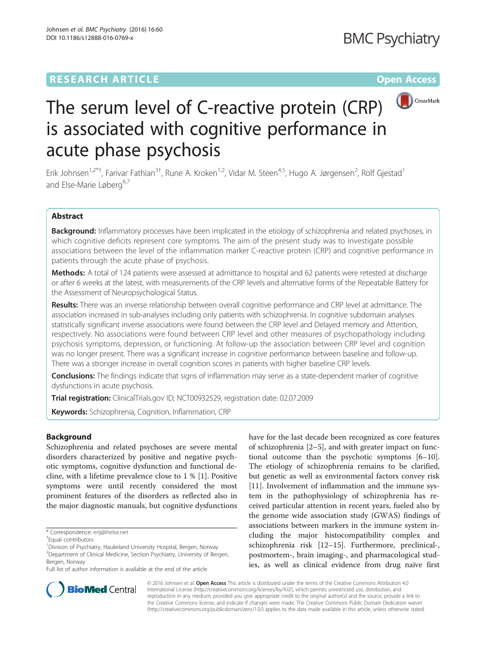 Snuble Tegne forsikring Creek The serum level of C-reactive protein (CRP) is associated with cognitive  performance in acute phase psychosis – topic of research paper in Clinical  medicine. Download scholarly article PDF and read for free