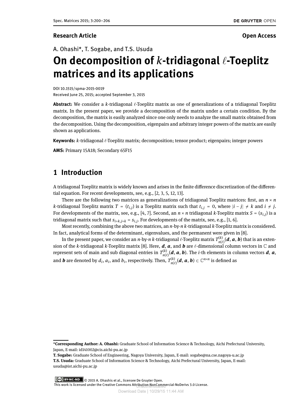 On Decomposition Of K Tridiagonal ℓ Toeplitz Matrices And Its Applications Topic Of Research Paper In Physical Sciences Download Scholarly Article Pdf And Read For Free On Cyberleninka Open Science Hub