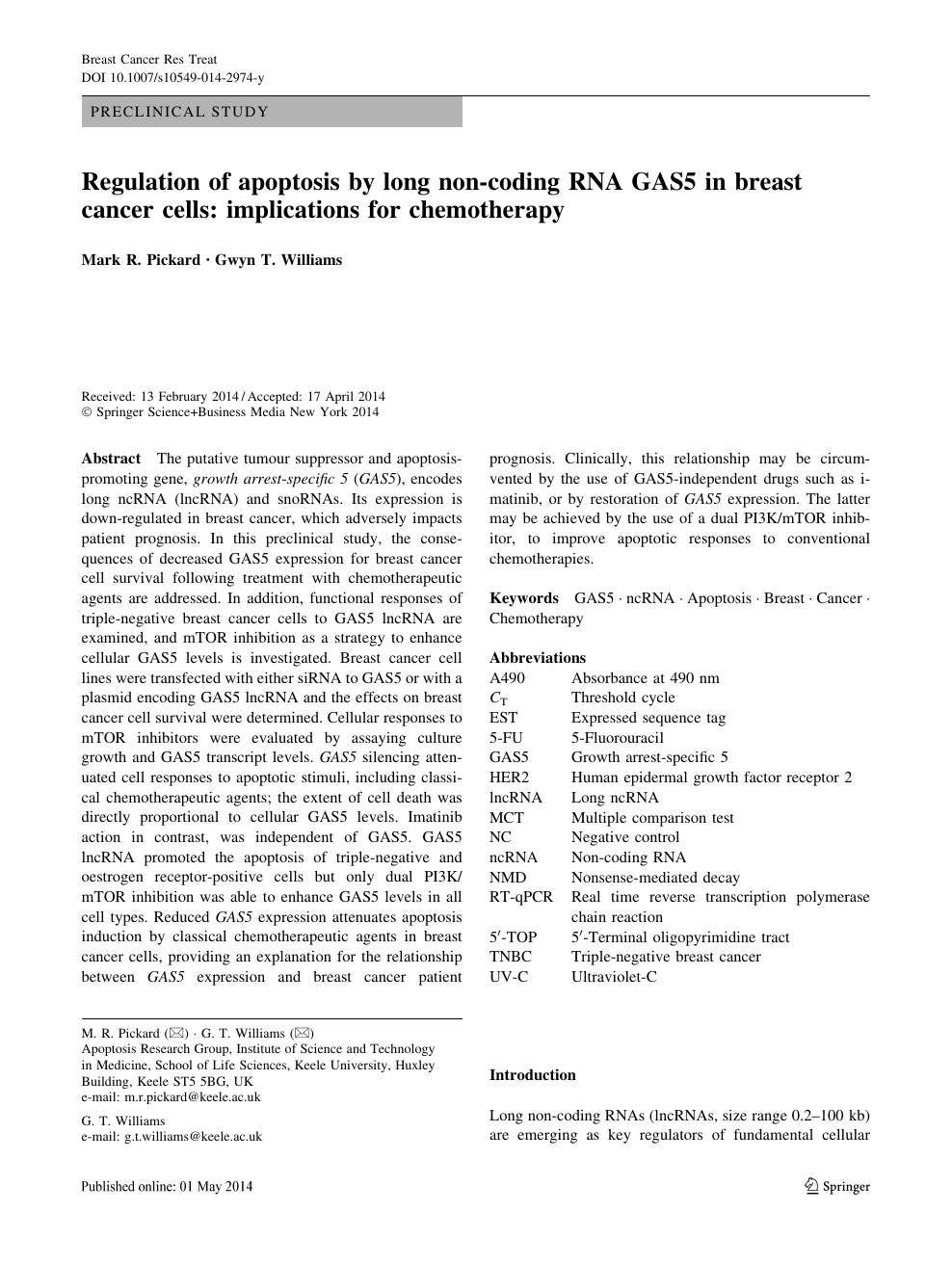 Regulation Of Apoptosis By Long Non Coding Rna Gas5 In Breast Cancer Cells Implications For Chemotherapy Topic Of Research Paper In Biological Sciences Download Scholarly Article Pdf And Read For Free On