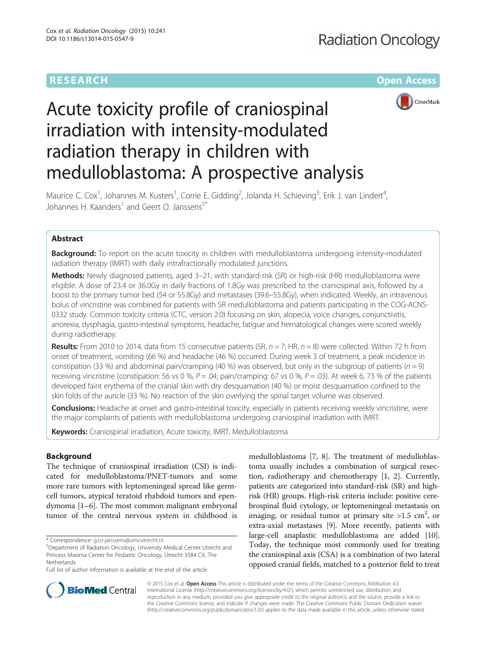 Acute Toxicity Profile Of Craniospinal Irradiation With Intensity Modulated Radiation Therapy In Children With Medulloblastoma A Prospective Analysis Topic Of Research Paper In Clinical Medicine Download Scholarly Article Pdf And Read For
