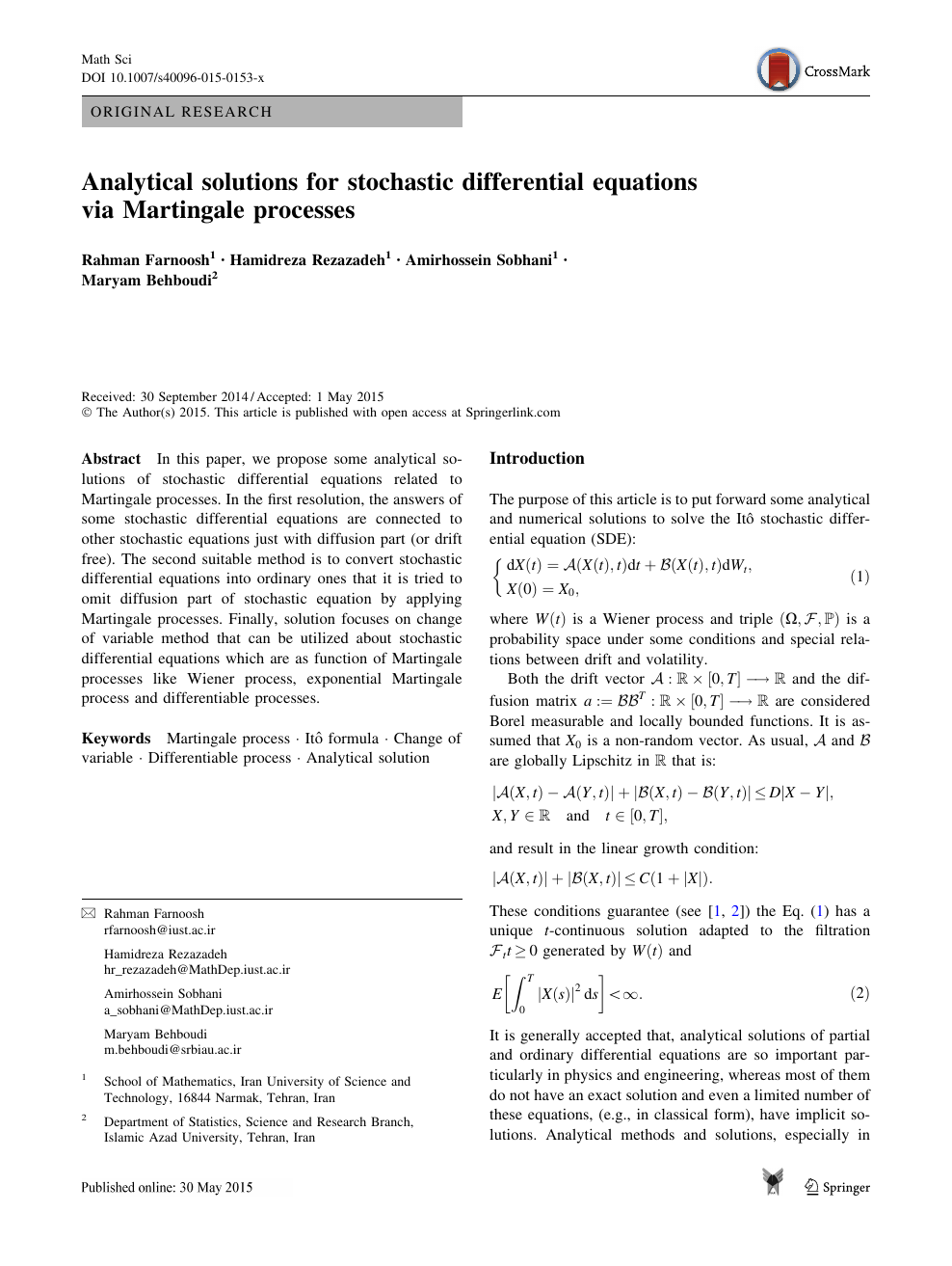 Analytical Solutions For Stochastic Differential Equations Via Martingale Processes Topic Of Research Paper In Mathematics Download Scholarly Article Pdf And Read For Free On Cyberleninka Open Science Hub