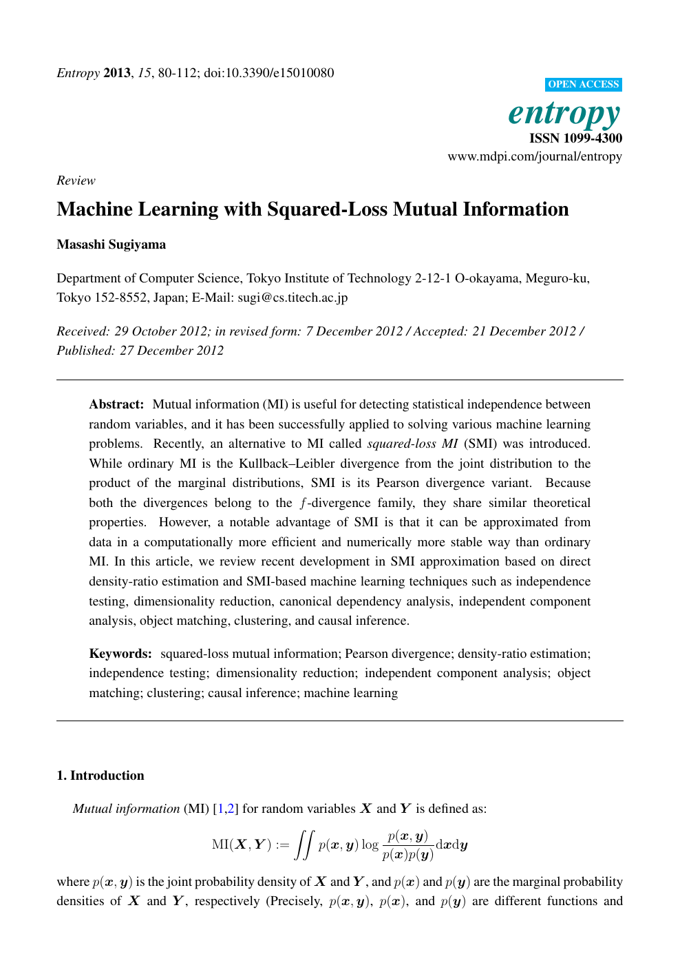 Machine Learning With Squared Loss Mutual Information Topic Of Research Paper In Computer And Information Sciences Download Scholarly Article Pdf And Read For Free On Cyberleninka Open Science Hub