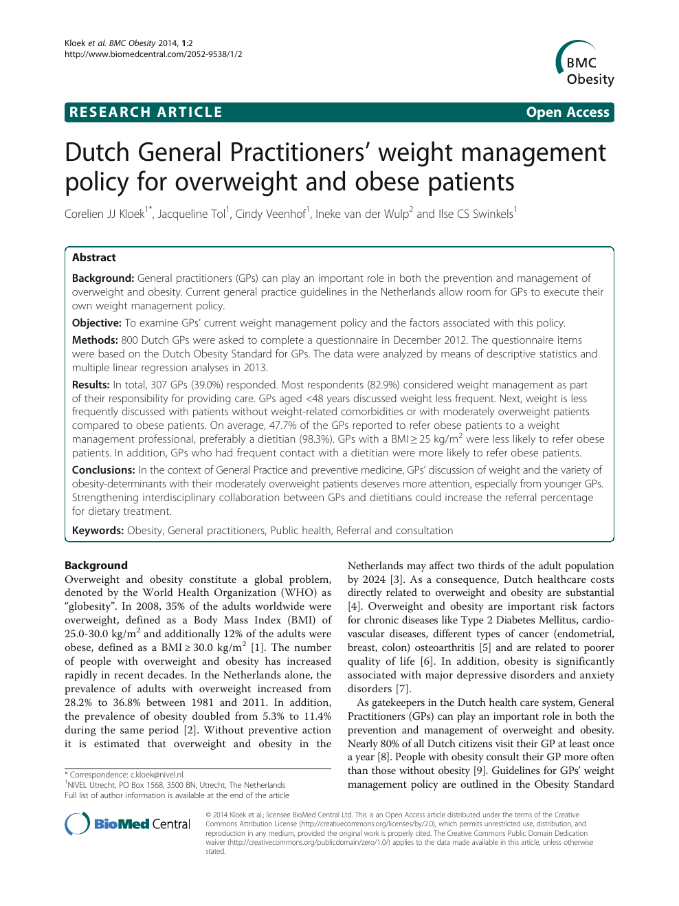Dutch General Practitioners Weight Management Policy For