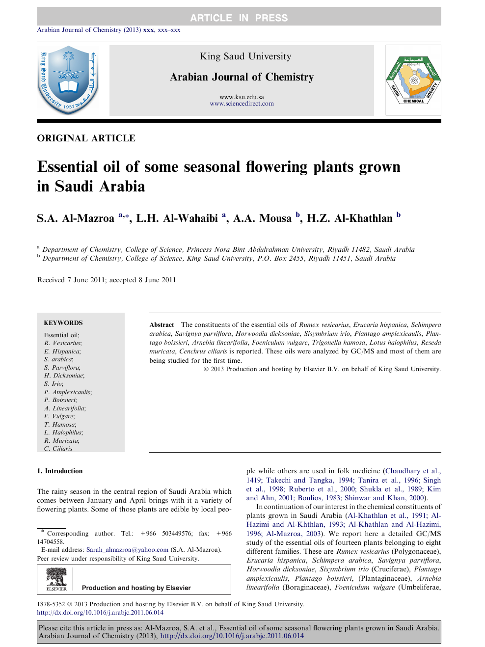 Essential Oil Of Some Seasonal Flowering Plants Grown In Saudi Arabia Topic Of Research Paper In Chemical Sciences Download Scholarly Article Pdf And Read For Free On Cyberleninka Open Science Hub