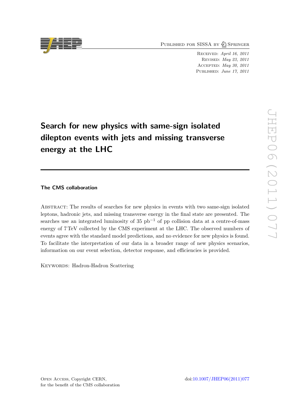 Search For New Physics With Same Sign Isolated Dilepton Events With Jets And Missing Transverse Energy At The Lhc Topic Of Research Paper In Physical Sciences Download Scholarly Article Pdf And Read