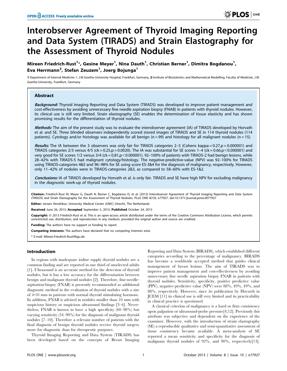 Interobserver Agreement Of Thyroid Imaging Reporting And Data System Tirads And Strain Elastography For The Assessment Of Thyroid Nodules Topic Of Research Paper In Clinical Medicine Download Scholarly Article Pdf And