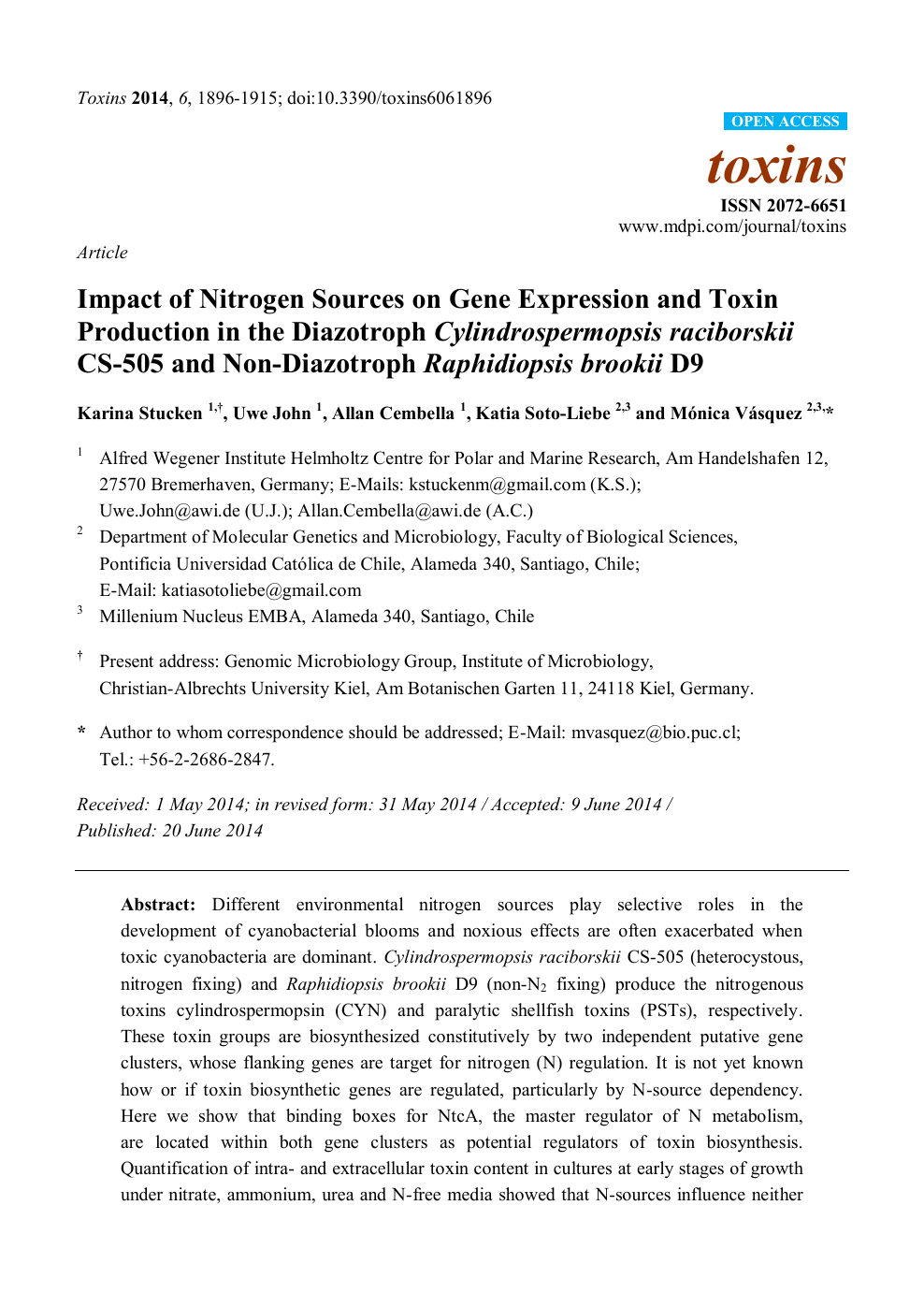 Impact Of Nitrogen Sources On Gene Expression And Toxin Production In The Diazotroph Cylindrospermopsis Raciborskii Cs 505 And Non Diazotroph Raphidiopsis Brookii D9 Topic Of Research Paper In Biological Sciences Download Scholarly Article