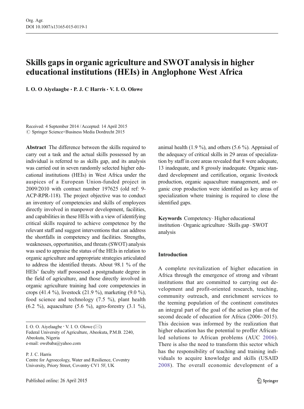 Skills Gaps In Organic Agriculture And Swot Analysis In Higher Educational Institutions Heis In Anglophone West Africa Topic Of Research Paper In Agriculture Forestry And Fisheries Download Scholarly Article Pdf And