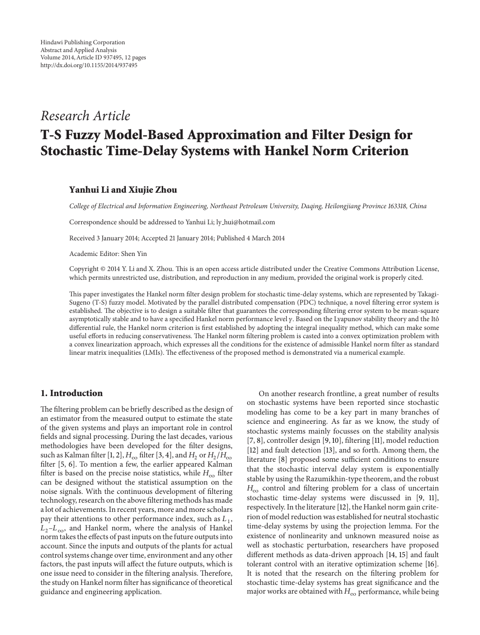 T S Fuzzy Model Based Approximation And Filter Design For Stochastic Time Delay Systems With Hankel Norm Criterion Topic Of Research Paper In Mathematics Download Scholarly Article Pdf And Read For Free On Cyberleninka
