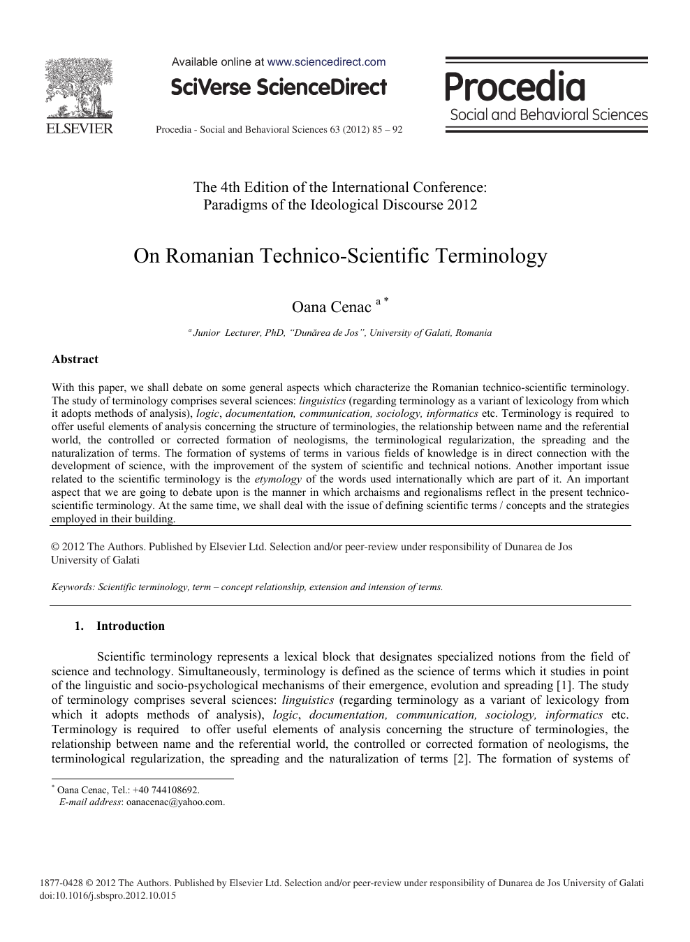 On Romanian Technico Scientific Terminology Topic Of Research
