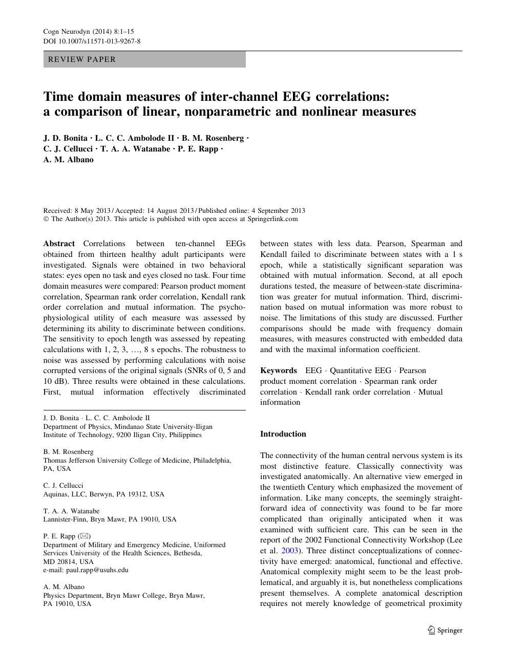 Time Domain Measures Of Inter Channel Eeg Correlations A Comparison Of Linear Nonparametric And Nonlinear Measures Topic Of Research Paper In Clinical Medicine Download Scholarly Article Pdf And Read For Free On