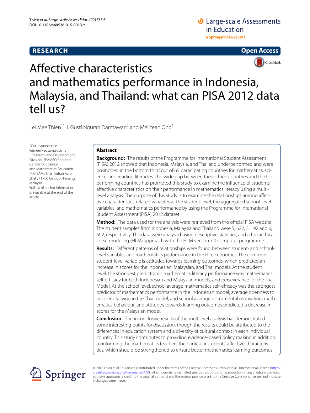 Affective Characteristics And Mathematics Performance In Indonesia Malaysia And Thailand What Can Pisa 2012 Data Tell Us Topic Of Research Paper In Economics And Business Download Scholarly Article Pdf And Read