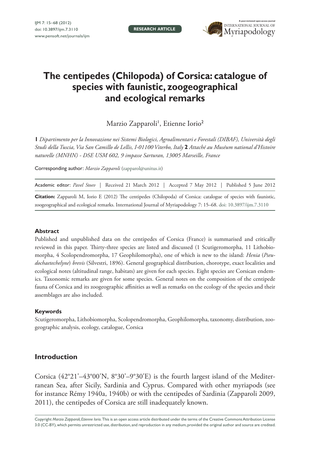 The Centipedes Chilopoda Of Corsica Catalogue Of Species With Faunistic Zoogeographical And Ecological Remarks Topic Of Research Paper In Biological Sciences Download Scholarly Article Pdf And Read For Free On Cyberleninka
