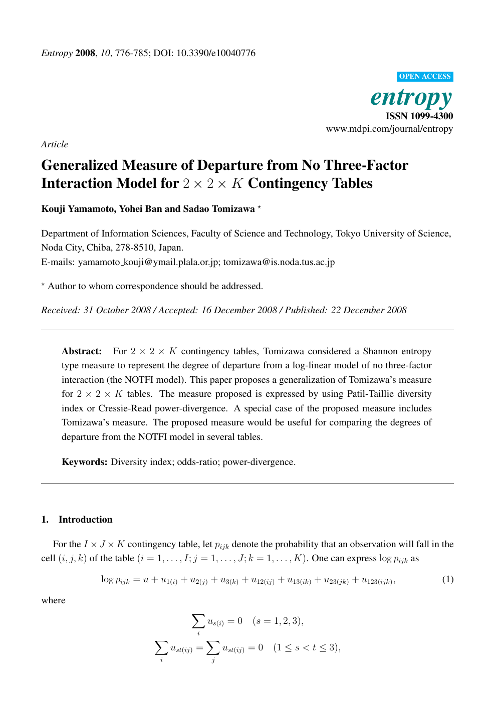 Generalized Measure Of Departure From No Three Factor Interaction Model For 2 X 2 X K Contingency Tables Topic Of Research Paper In Mathematics Download Scholarly Article Pdf And Read For Free