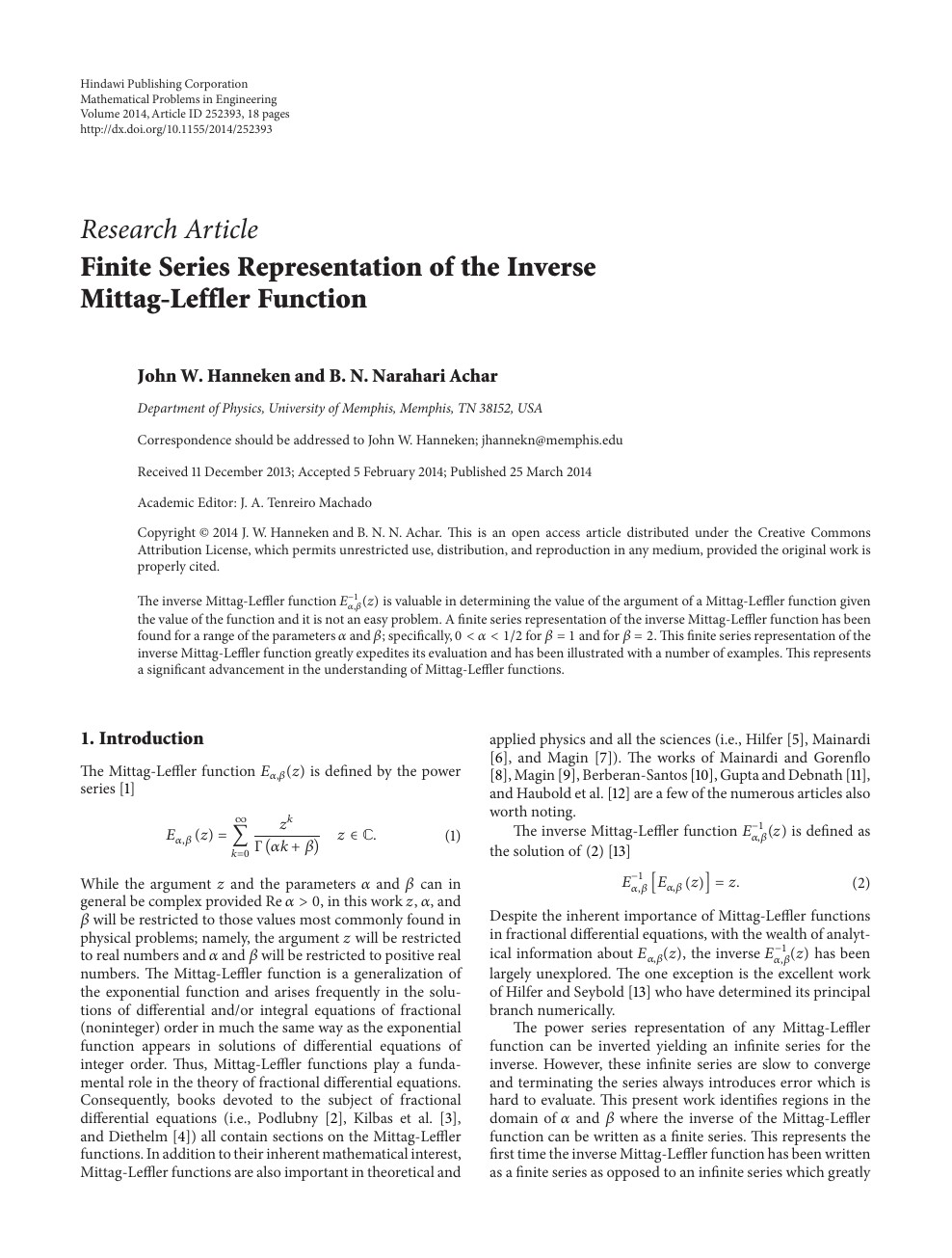 Finite Series Representation Of The Inverse Mittag Leffler Function Topic Of Research Paper In Mathematics Download Scholarly Article Pdf And Read For Free On Cyberleninka Open Science Hub