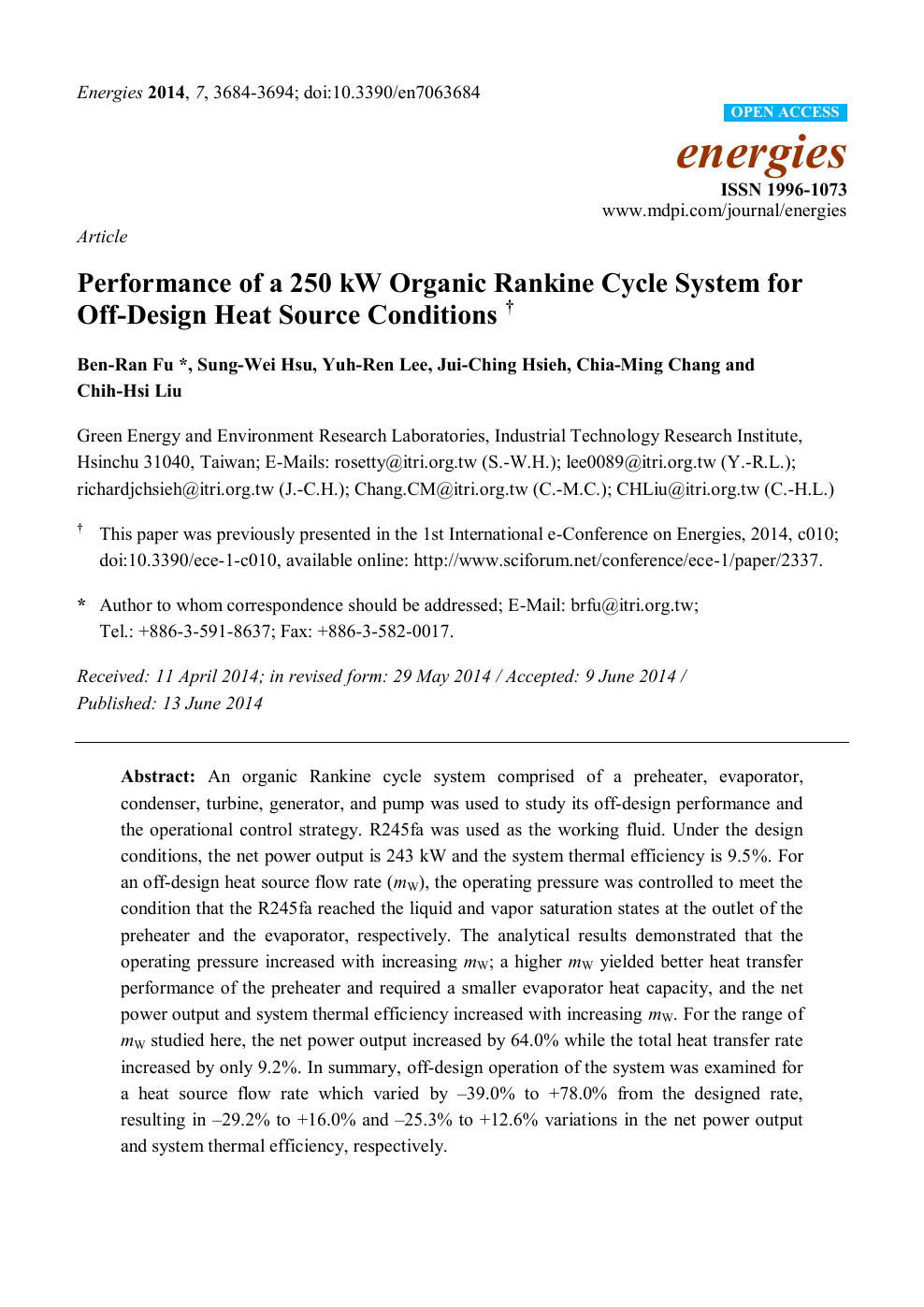 Performance Of A 250 Kw Organic Rankine Cycle System For Off Design Heat Source Conditions Topic Of Research Paper In Mechanical Engineering Download Scholarly Article Pdf And Read For Free On Cyberleninka