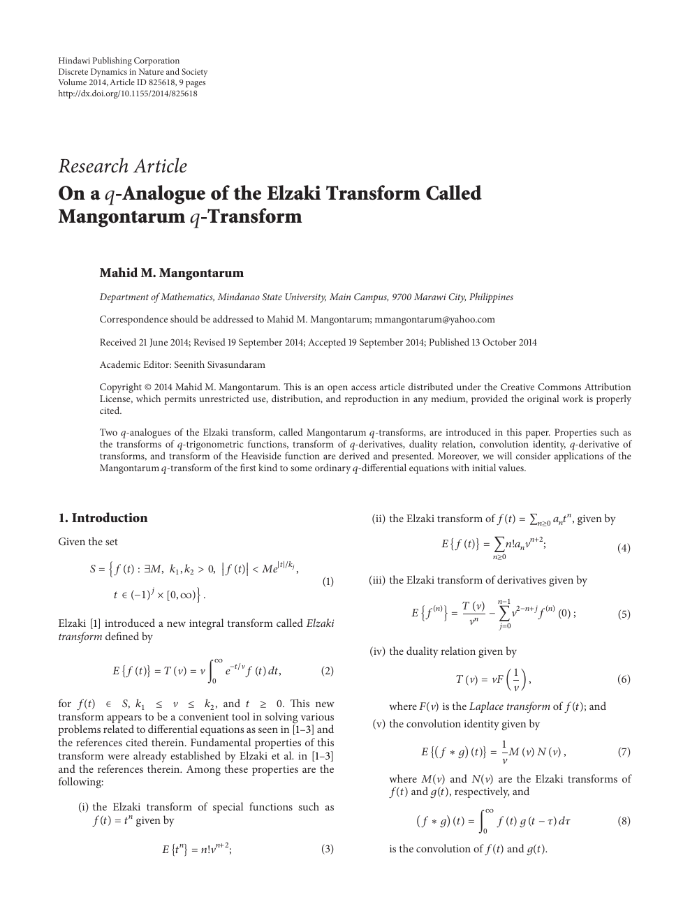 On A Q Analogue Of The Elzaki Transform Called Mangontarum Q Transform Topic Of Research Paper In Mathematics Download Scholarly Article Pdf And Read For Free On Cyberleninka Open Science Hub