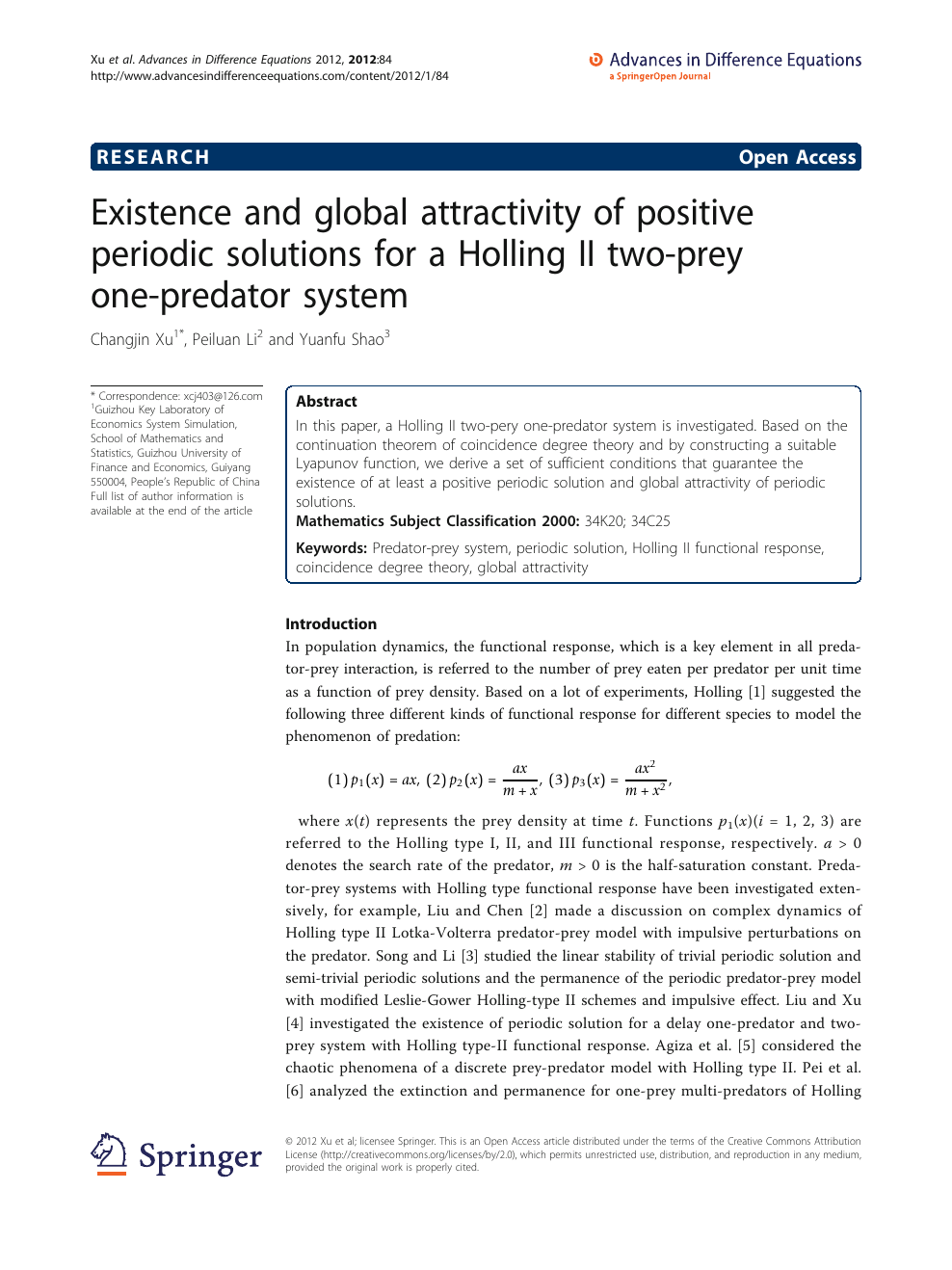 Existence And Global Attractivity Of Positive Periodic Solutions For A Holling Ii Two Prey One Predator System Topic Of Research Paper In Mathematics Download Scholarly Article Pdf And Read For Free On Cyberleninka