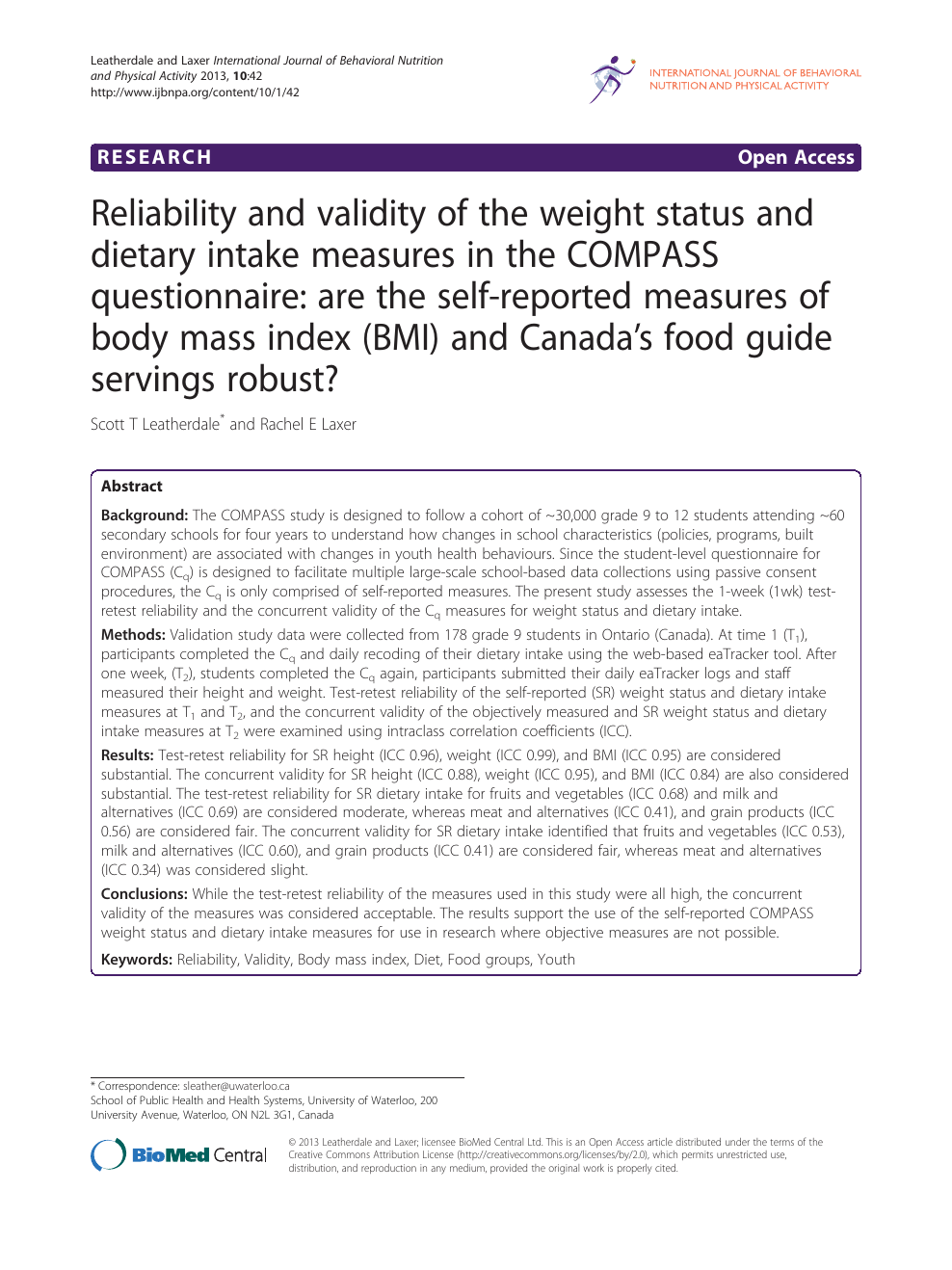 patrulla Borradura Excesivo Reliability and validity of the weight status and dietary intake measures  in the COMPASS questionnaire: are the self-reported measures of body mass  index (BMI) and Canada's food guide servings robust? – topic
