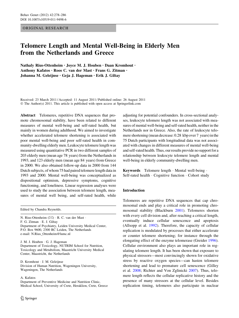 Telomere Length And Mental Well Being In Elderly Men From The Netherlands And Greece Topic Of Research Paper In Clinical Medicine Download Scholarly Article Pdf And Read For Free On Cyberleninka Open