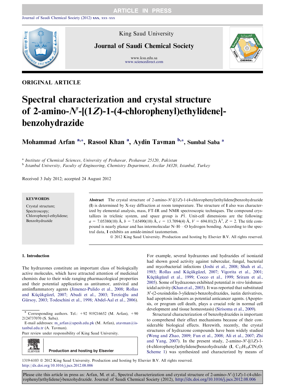 Spectral Characterization And Crystal Structure Of 2 Amino N 1z 1 4 Chlorophenyl Ethylidene Benzohydrazide Topic Of Research Paper In Chemical Sciences Download Scholarly Article Pdf And Read For Free On Cyberleninka Open Science Hub