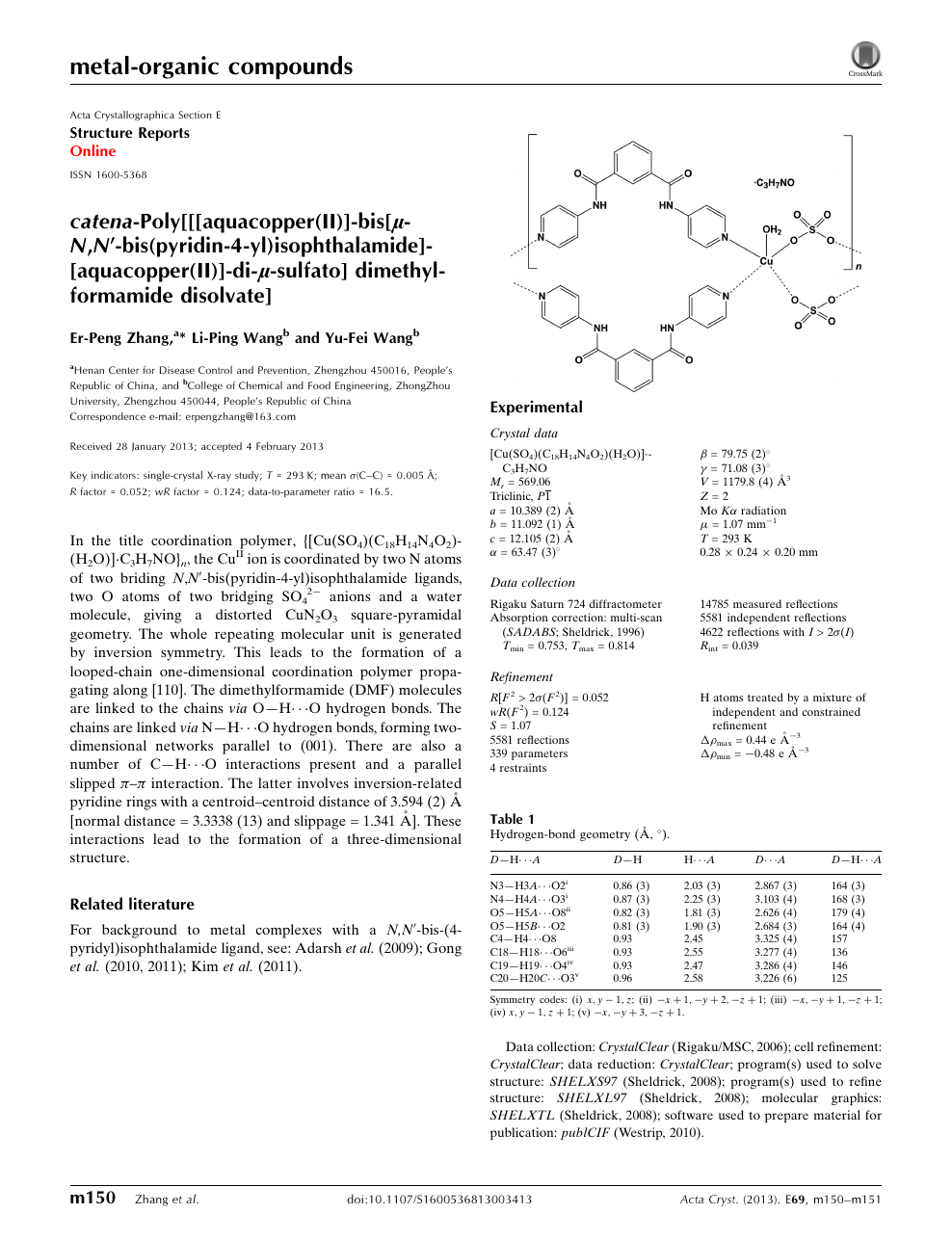 Catena Poly Aquacopper Ii Bis M N N Bis Pyridin 4 Yl Isophthalamide Aquacopper Ii Di M Sulfato Dimethylformamide Disolvate Topic Of Research Paper In Chemical Sciences Download Scholarly Article Pdf And Read For Free On Cyberleninka Open