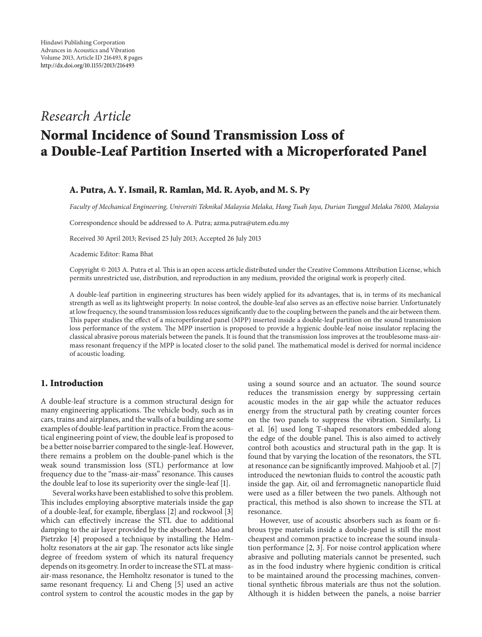 Normal Incidence Of Sound Transmission Loss Of A Double Leaf Partition Inserted With A Microperforated Panel Topic Of Research Paper In Nano Technology Download Scholarly Article Pdf And Read For Free On Cyberleninka