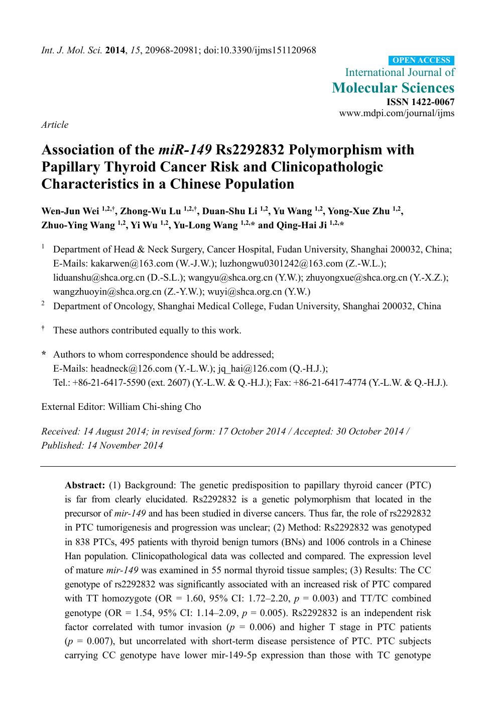 Association Of The Mir 149 Rs Polymorphism With Papillary Thyroid Cancer Risk And Clinicopathologic Characteristics In A Chinese Population Topic Of Research Paper In Biological Sciences Download Scholarly Article Pdf And Read