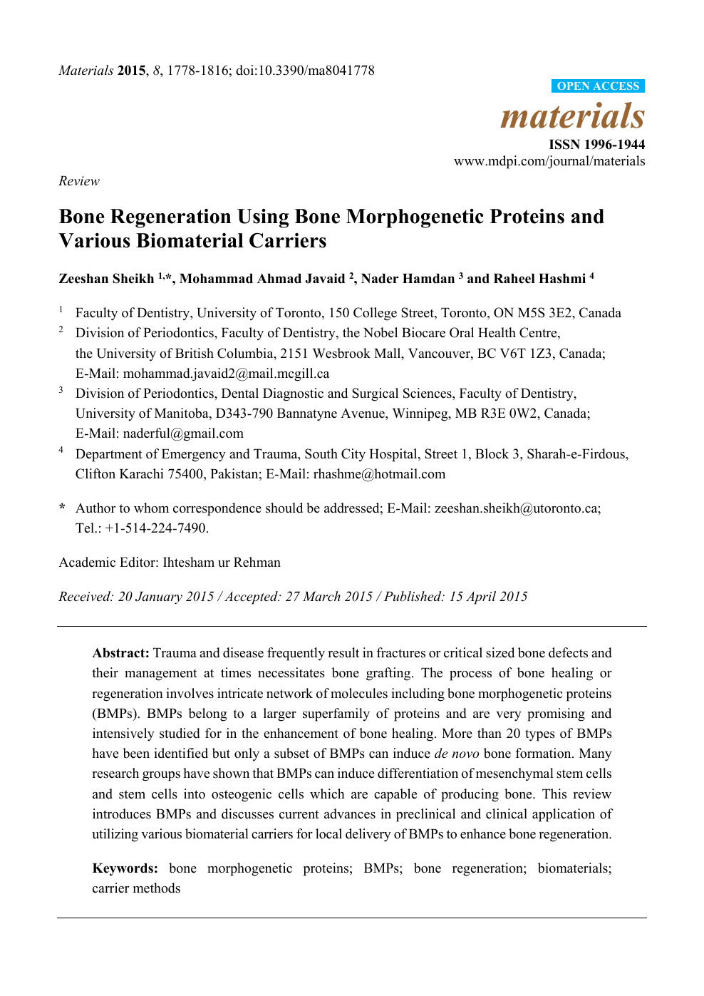 Bone Regeneration Using Bone Morphogenetic Proteins and Various 