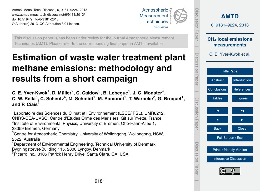 Estimation Of Waste Water Treatment Plant Methane Emissions Methodology And Results From A Short Campaign Topic Of Research Paper In Earth And Related Environmental Sciences Download Scholarly Article Pdf And Read