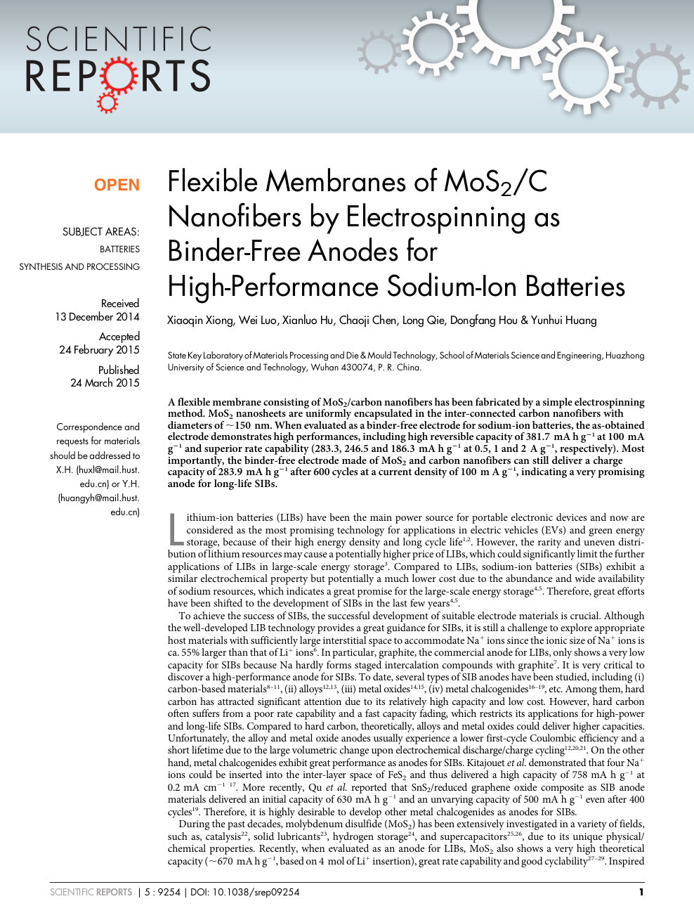 Flexible Membranes Of Mos2 C Nanofibers By Electrospinning As Binder Free Anodes For High Performance Sodium Ion Batteries Topic Of Research Paper In Nano Technology Download Scholarly Article Pdf And Read For Free On Cyberleninka Open