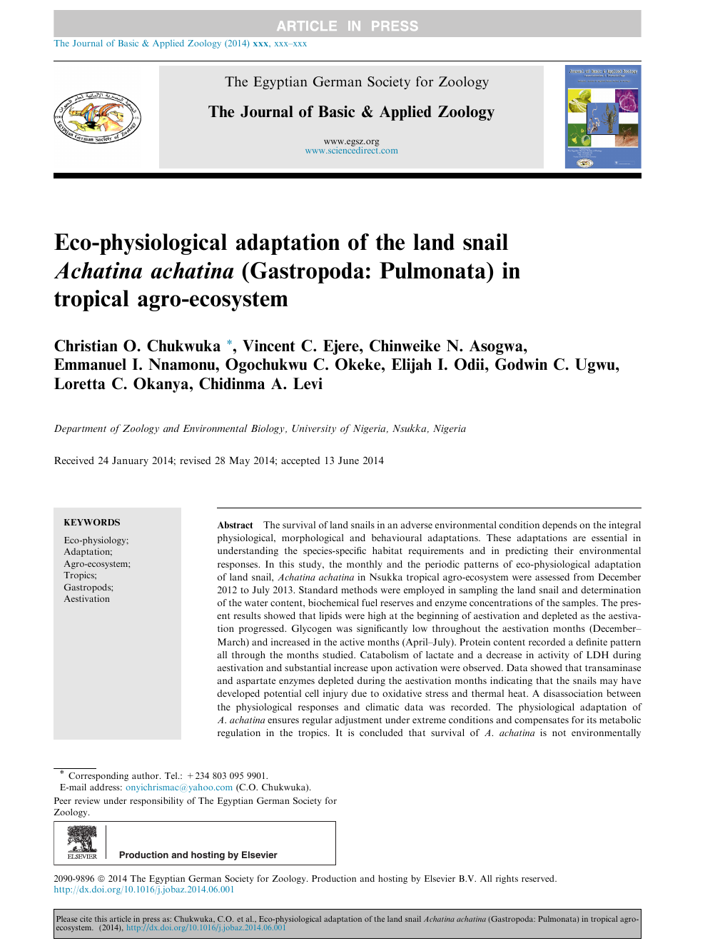Eco Physiological Adaptation Of The Land Snail Achatina Achatina Gastropoda Pulmonata In Tropical Agro Ecosystem Topic Of Research Paper In Biological Sciences Download Scholarly Article Pdf And Read For Free On Cyberleninka Open