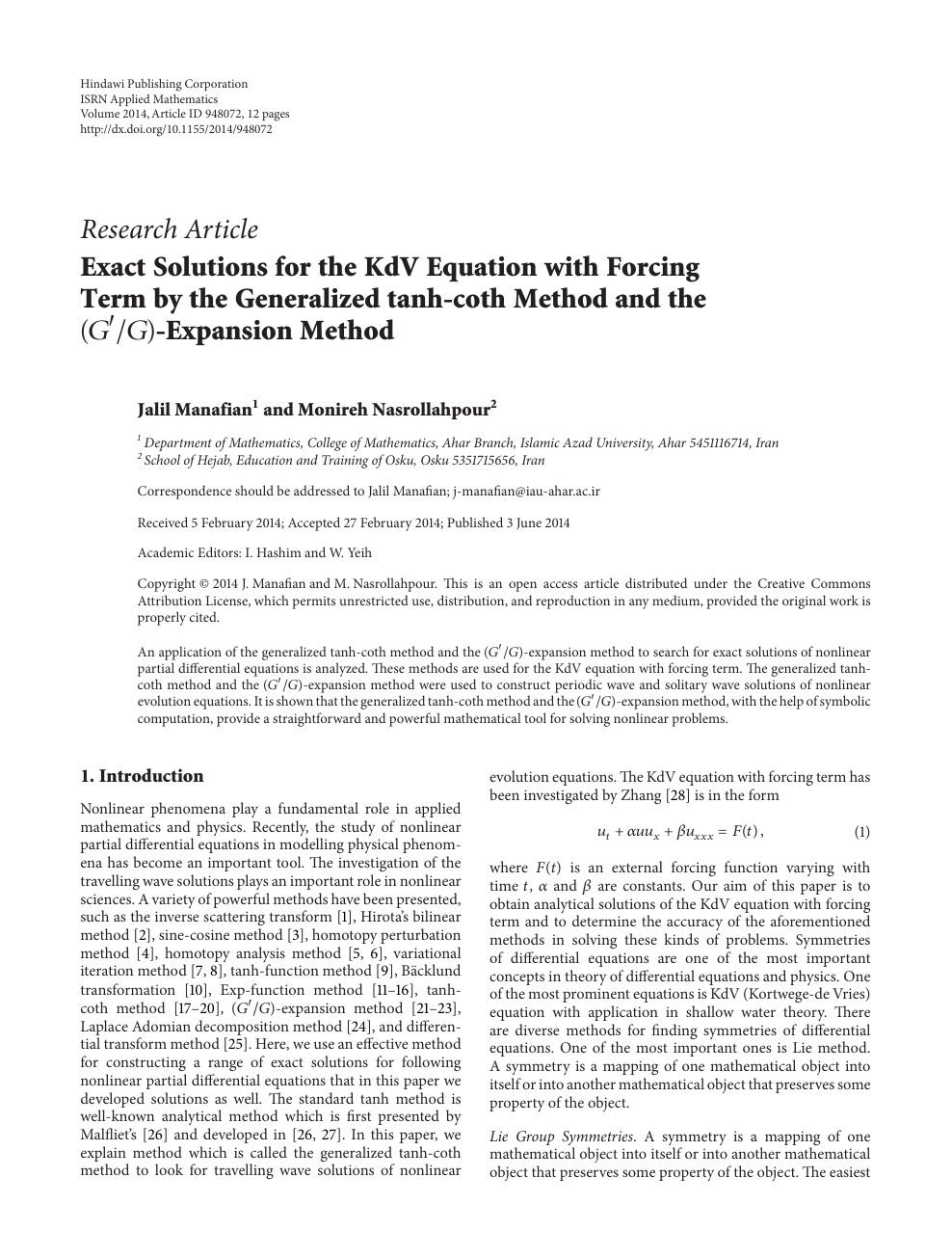 Exact Solutions For The Kdv Equation With Forcing Term By The Generalized Tanh Coth Method And The G G Expansion Method Topic Of Research Paper In Mathematics Download