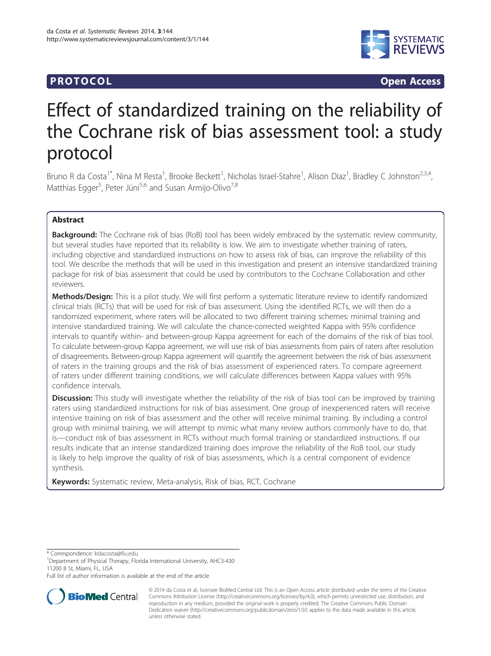 Effect Of Standardized Training On The Reliability Of The Cochrane Risk Of Bias Assessment Tool A Study Protocol Topic Of Research Paper In Psychology Download Scholarly Article Pdf And Read For