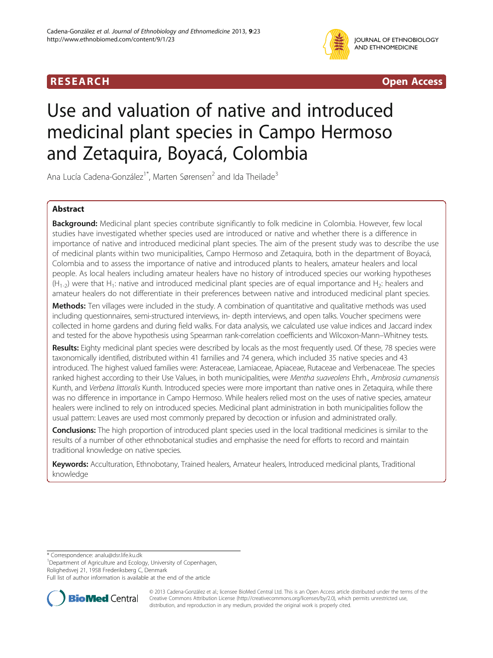 Use and valuation of native and introduced medicinal plant species in Campo Hermoso and Zetaquira, Boyacá, Colombia picture photo