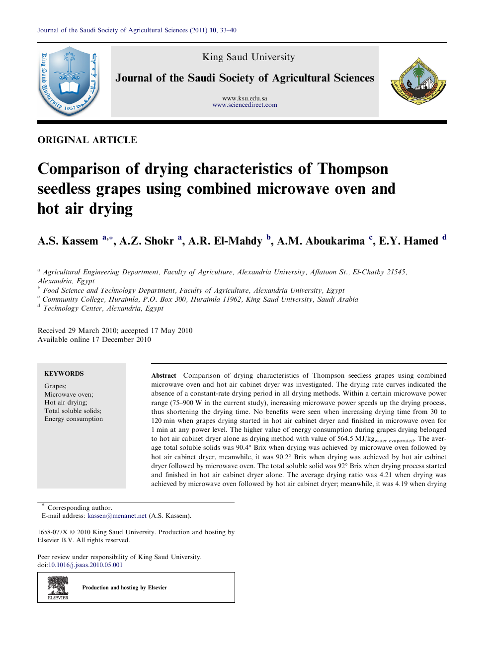 Comparison Of Drying Characteristics Of Thompson Seedless Grapes Using Combined Microwave Oven And Hot Air Drying Topic Of Research Paper In Agriculture Forestry And Fisheries Download Scholarly Article Pdf And Read