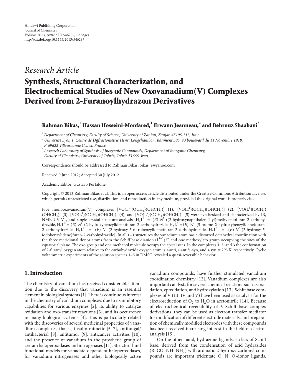 Synthesis Structural Characterization And Electrochemical Studies Of New Oxovanadium V Complexes Derived From 2 Furanoylhydrazon Derivatives Topic Of Research Paper In Chemical Sciences Download Scholarly Article Pdf And Read For Free On Cyberleninka