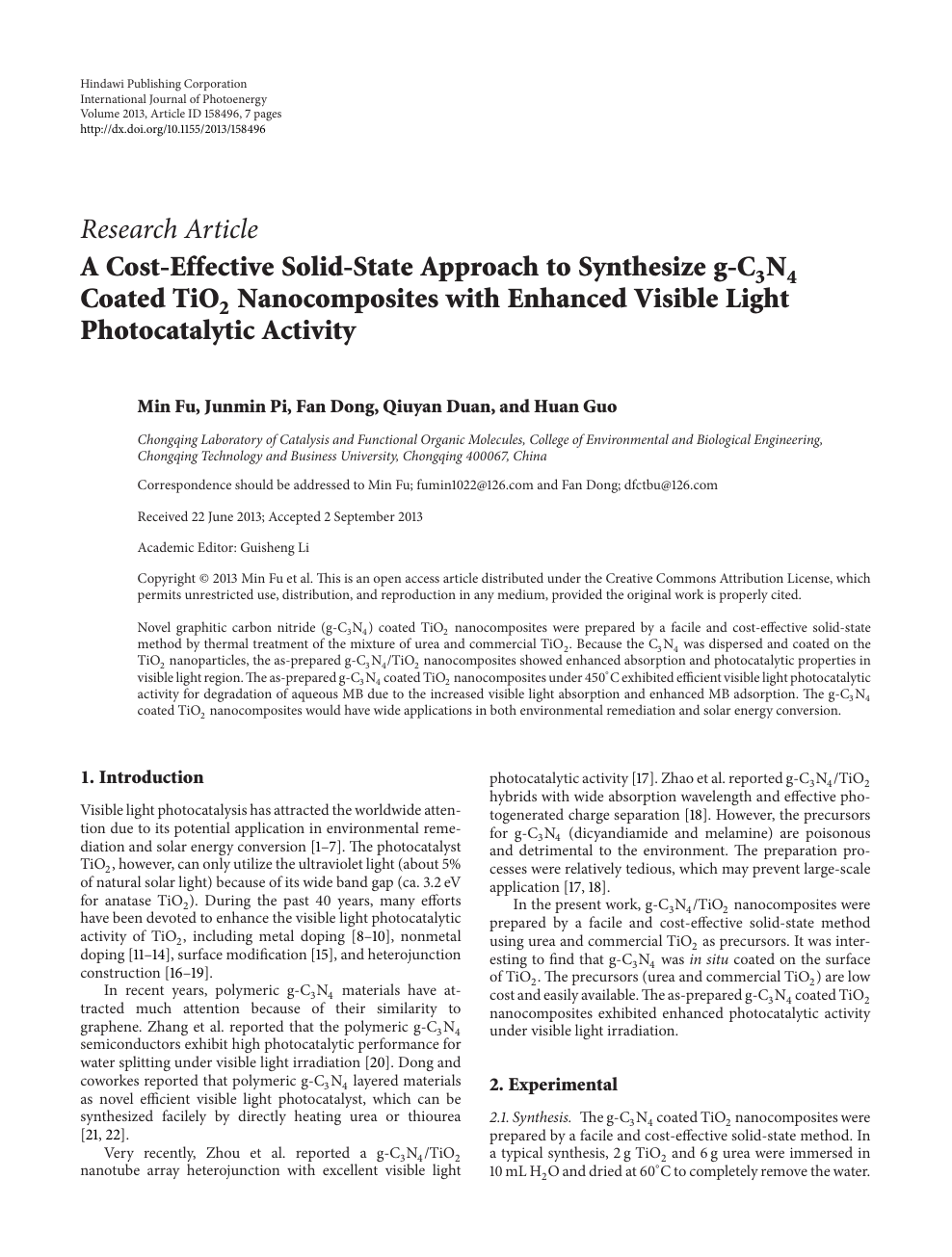 A Cost Effective Solid State Approach To Synthesize G C3n4 Coated Tio2 Nanocomposites With Enhanced Visible Light Photocatalytic Activity Topic Of Research Paper In Chemical Engineering Download Scholarly Article Pdf And Read For Free