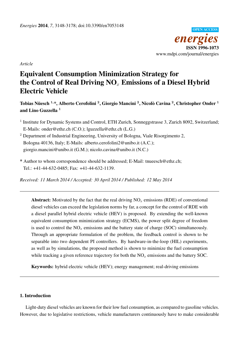 Equivalent Consumption Minimization Strategy For The Control Of Real Driving Nox Emissions Of A Diesel Hybrid Electric Vehicle Topic Of Research Paper In Electrical Engineering Electronic Engineering Information Engineering Download Scholarly