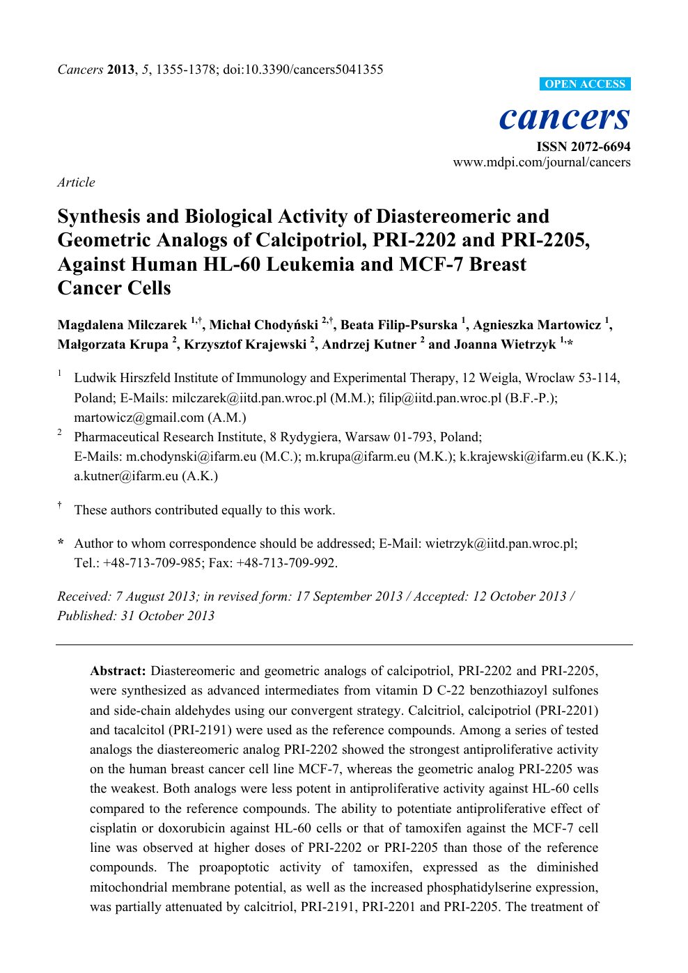 Synthesis And Biological Activity Of Diastereomeric And Geometric Analogs Of Calcipotriol Pri 22 And Pri 25 Against Human Hl 60 Leukemia And Mcf 7 Breast Cancer Cells Topic Of Research Paper In Chemical Sciences Download