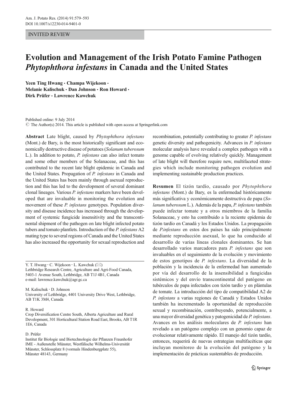 Evolution And Management Of The Irish Potato Famine Pathogen Phytophthora Infestans In Canada And The United States Topic Of Research Paper In Biological Sciences Download Scholarly Article Pdf And Read For
