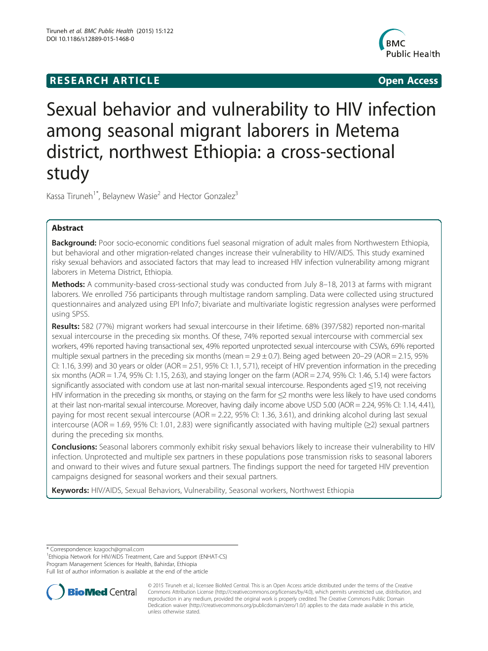 Sexual behavior and vulnerability to HIV infection among seasonal migrant laborers in Metema district, northwest Ethiopia a cross-sectional study